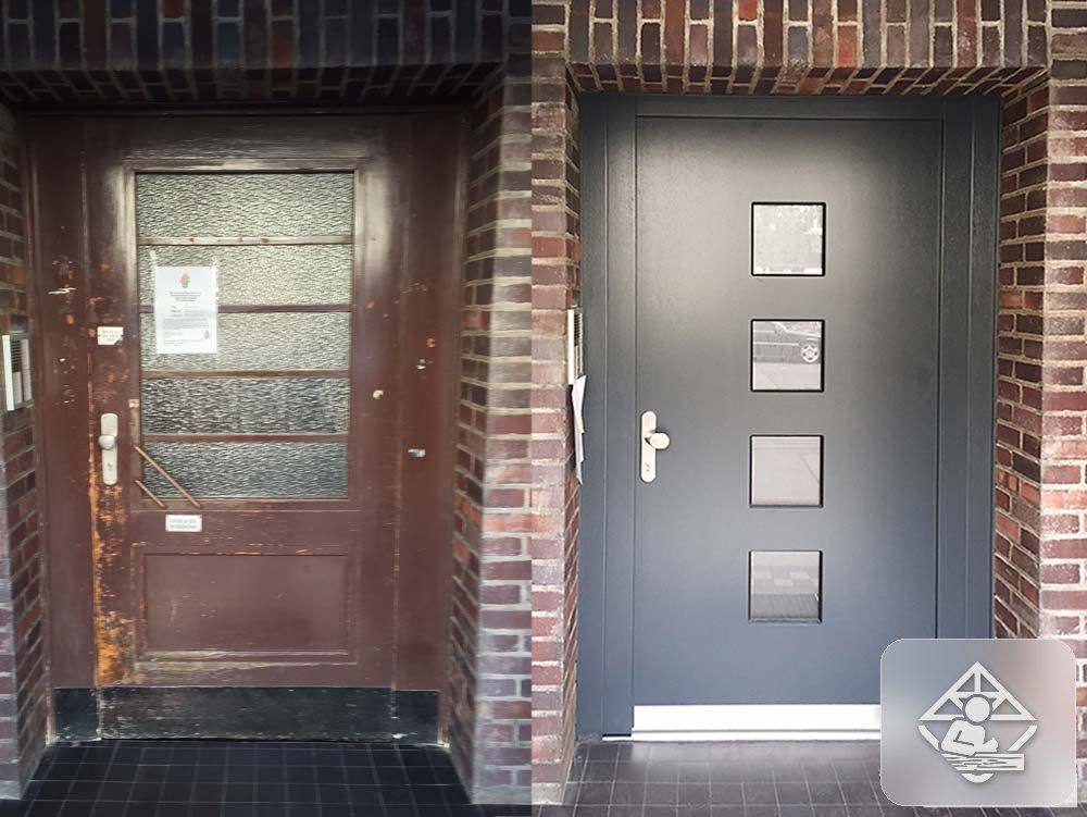 Haustür vorher und nachher: alte Holztür und neue anthrazitfarbene Tür
